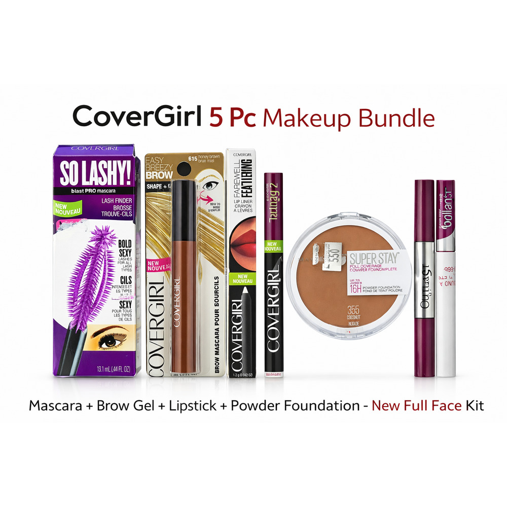 CoverGirl Makeup Bundle 5 Pc Mascara Brow Gel Lipstick Powder Foundation FullKit